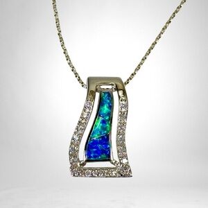 FAS Sterling Silver 925 Italy Blue Opal CZ Crystal  18” Box Chain Necklace
